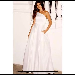 10 | Lulu’s Love Conquers All White Satin One Shoulder A-Line Wedding Gown